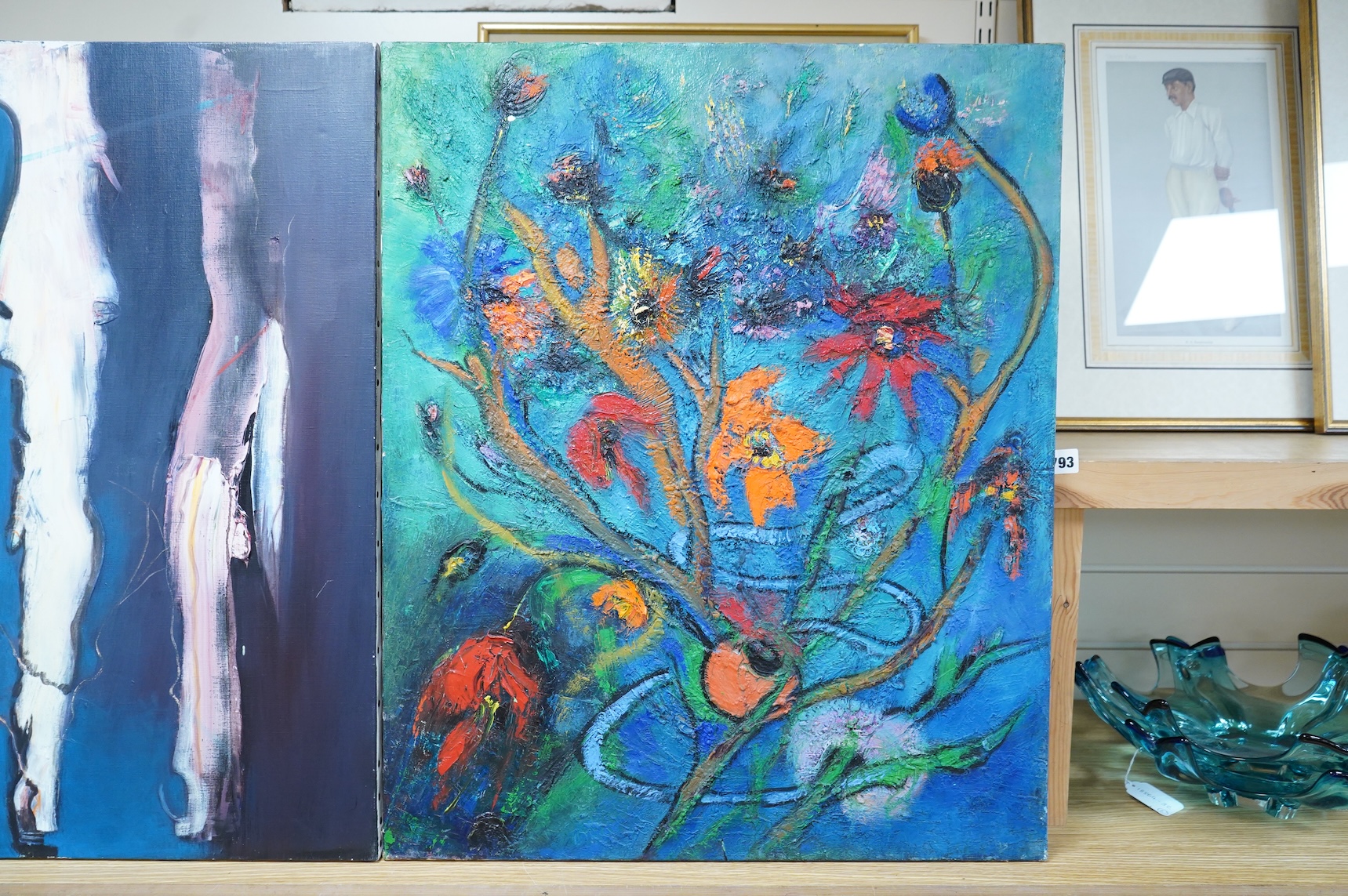 Julia Musson Laboureau (1927-2024), Surreal composition, Still life of flowers and a snake, unsigned, impasto oil on canvas, unframed, 73 x 60cm